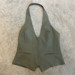 Zara khaki green striped belted halter top full zip front Sz M NWT